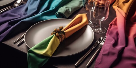 A table setting with rainbow-colored napkins and cutlery, symbolizing an lgbtq gathering or celebration, concept of Inclusivity, created with Generative AI technology