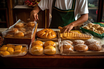 Generative AI illustration of an anonymous baker wearing an apron, standing at the counter with a variety of freshly baked breads and cakes