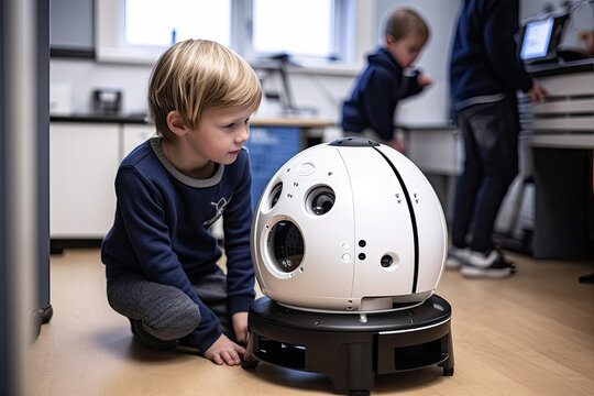 Generative AI illustration of little boy sitting on floor interacting with AI robot in modern classroom setting with blurred anonymous classmates playing video game