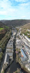 Aerial view of Hebden Bridge with views of the town and surrounding countryside. Hebden Bridge Yorkshire England. 