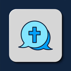 Obraz premium Filled outline Christian cross icon isolated on blue background. Church cross. Vector