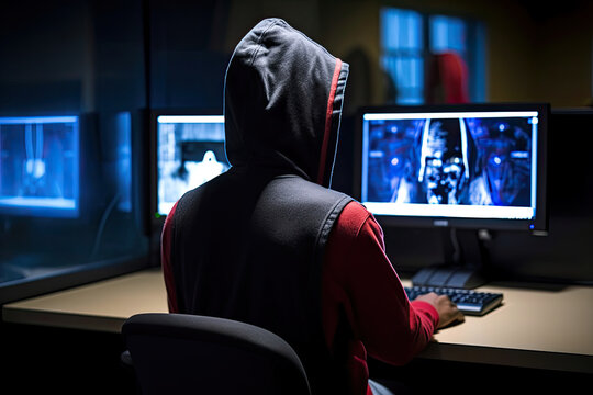 Generative AI illustration back view of anonymous hacker in hoodie typing on keyboard of desktop computer while sitting at desk in dark room