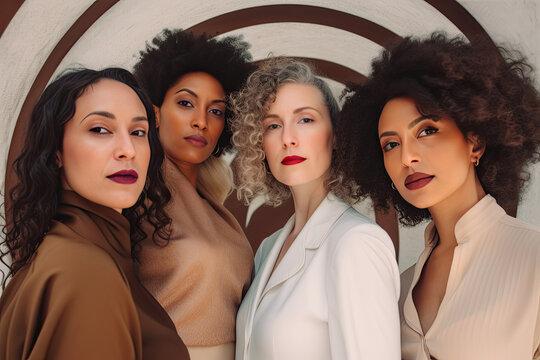 Generative AI illustration of a diverse group of female models with stylish clothes and curly hair, makeup with painted lips looking at the camera against a decorated white wall