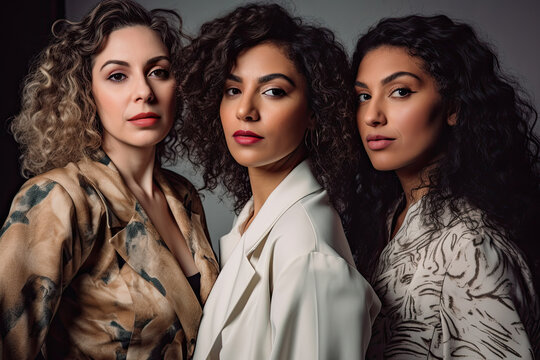 Generative AI illustration with portrait of multiethnic group of young female models in stylish outfits with curly hair and makeup looking at camera against gray background