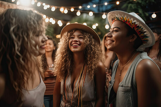Generative AI illustration of group of happy diverse female friends in hats smiling while celebrating on party against garlands of lights on weekend