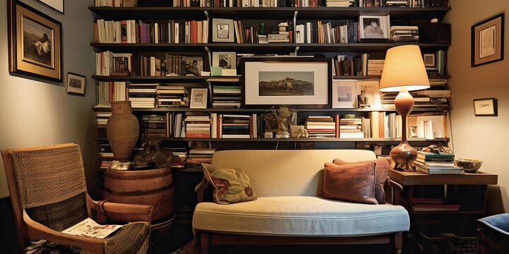 A cozy living room corner once cluttered with knick - knacks now displays a well - organized collection of books and cherished mementos, concept of Minimalism, created with Generative AI technology