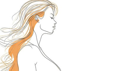 drawing of woman with long hair in the style of whiplash curves, white background