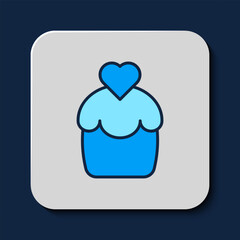Filled outline Wedding cake with heart icon isolated on blue background. Happy Valentines day. Vector