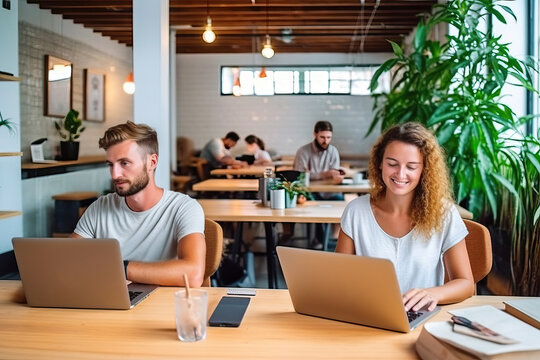 Couple working with their laptop in a coworking. Generative AI