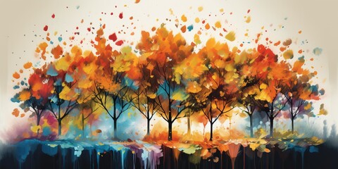 A vibrant, surreal scene of trees with multicolored autumn leaves made of floating paintbrushes, symbolizing the artistry of nature, concept of Harmony of Color, created with Generative AI technology