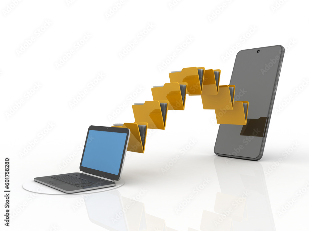 Poster 3d rendering mobile folder data sharing laptop