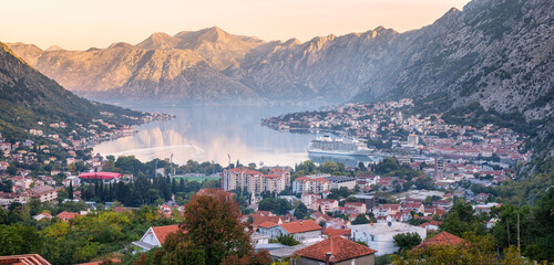 Fototapeta na wymiar A panoramic morning view of the famous Bay of Kotor, Montenegro from high up, nestled between picturesque rocky slopes