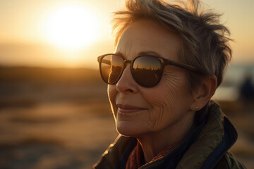 Generative AI image of portrait of side view of smiling senior female standing in warm clothes sunglasses and looking away while admiring nature against blurred sunlight