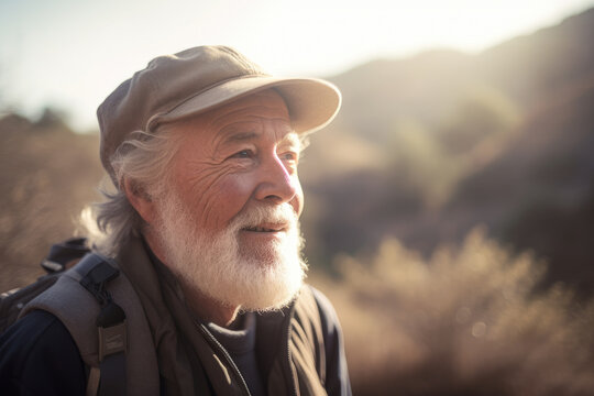 Generative AI image of a side view portrait of a happy senior male traveler in hat warm clothing, standing looking sideways on a blurred daylight background
