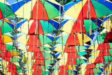 Brazilian art and craft made with lots of little umbrellas hanging on strings used as Carnival Decoration during the local Carnival Festival in Olinda, Pernambuco state, Brazil.