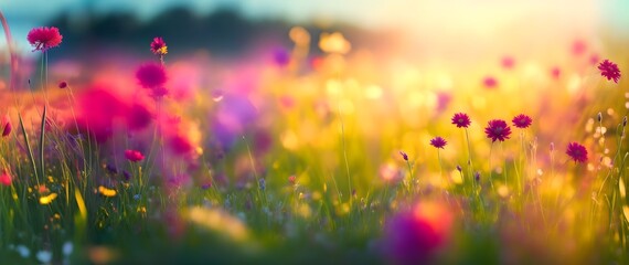 Field of colorful wildflowers at sunrise closeup image. Countryside meadow panorama with beautiful flowers. Beautiful blurred scene, meadow with a carpet of flowers. AI generated Generative AI