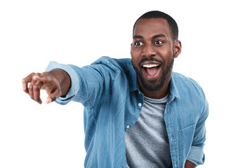 Wow, direction and pointing with an excited black man isolated on a transparent background for an...