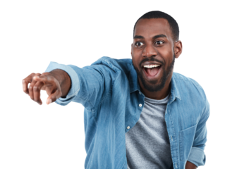 Wow, direction and pointing with an excited black man isolated on a transparent background for an announcement. Surprise, hand gesture and showing the future with a happy young male person on PNG