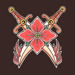 vector illustration, two swords with a blooming flower in the middle. sticker, tattoo and retro design concept