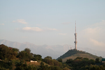 Hill Kok Tobe and Almaty TV tower at dusk