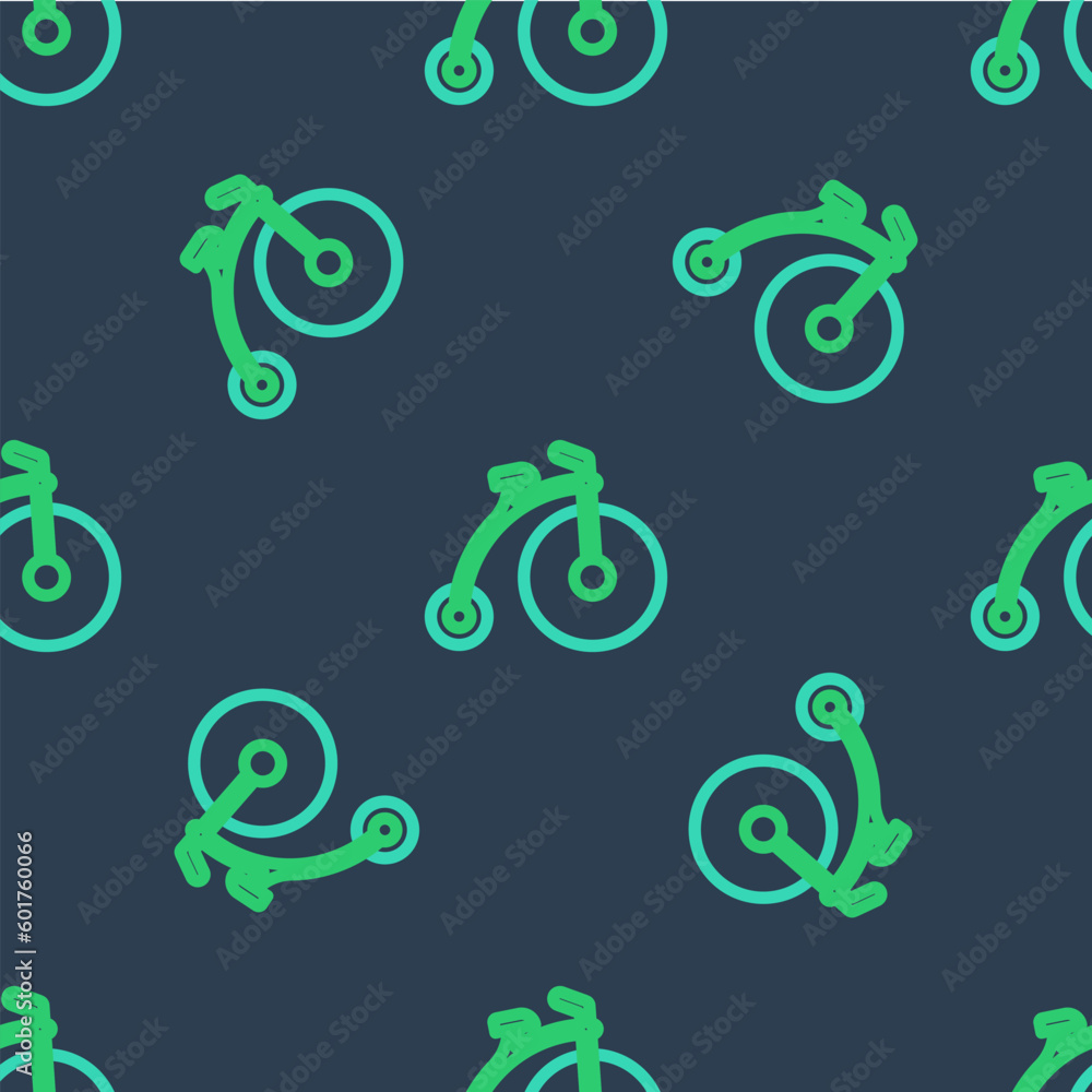 Wall mural line vintage bicycle with one big wheel and one small icon isolated seamless pattern on blue backgro