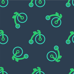 Line Vintage bicycle with one big wheel and one small icon isolated seamless pattern on blue background. Bike public transportation sign. Vector