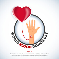 Square world blood donor day background with a heart shaped blood bag and a hand