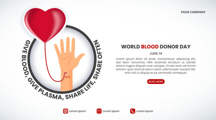 World blood donor day background with a heart-shaped blood bag and a hand