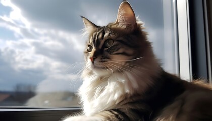 Window to a Brighter Tomorrow A Beautiful Cat Looking Out and Seeking a Promising Future, Generative AI