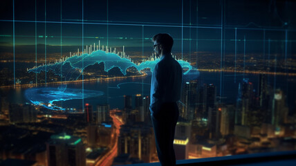 business investment growth management concept on virtual screens, a businessman is in front of a virtual screen. planning the future development of the data graph on the network structure of the busin