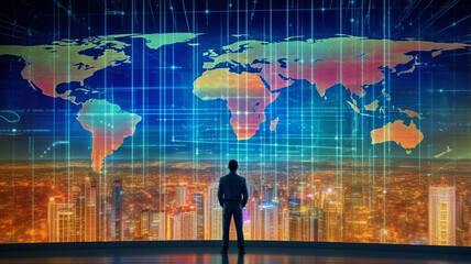 business investment growth management concept on virtual screens, a businessman is in front of a virtual screen. planning the future development of the data graph on the network structure of the busin