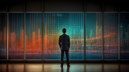 Fototapeta na wymiar business investment growth management concept on virtual screens, a businessman is in front of a virtual screen. planning the future development of the data graph on the network structure of the busin