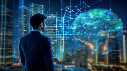 business investment growth management concept on virtual screens, a businessman is in front of a virtual screen. planning the future development of the data graph on the network structure of the busin