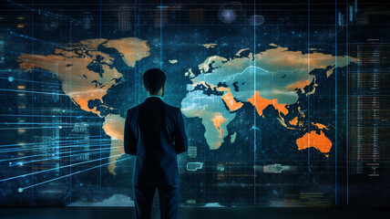 business investment growth management concept on virtual screens, a businessman is in front of a virtual screen. planning the future development of the data graph on the network structure of the busin