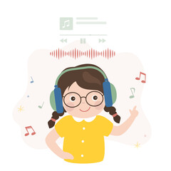 Caucasian girl in headphones listens to music. Cute baby enjoy good sounds and online streaming. Musical online application, preschooler girl listens to streaming sound.