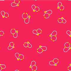 Line Stethoscope medical instrument icon isolated seamless pattern on red background. Vector