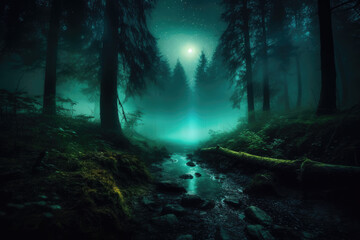 Dark fantasy forest landscape with starry night sky, Generative AI