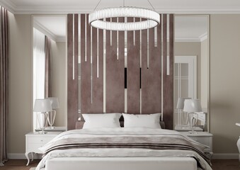 Sypialnia, widok na tapicerowane wezgłowie.