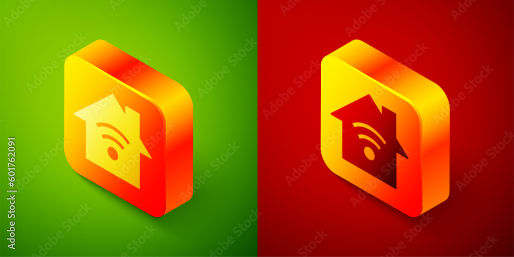 Poster isometric smart home with wi-fi icon isolated on green and red background. remote control. square bu