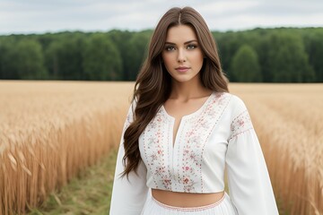 Beautiful Slavic woman model in white ethnic clothes on wheat field in summer. Generative AI. 