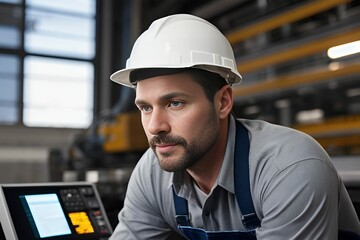 Close-up Portrait of a worker in a special uniform and helmet at a technological production. Generative AI.