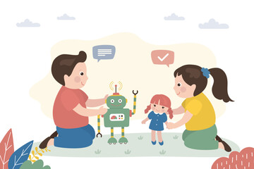 Happy girl and boy talking, play with toys. Friends play with robot and doll. Childhood, imagination, preschool games. Cute preschooler characters. Adorable friends have gaming