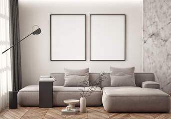 Mockup poster frame on the wall of living room. Luxurious apartment background with contemporary design. Modern interior design. 3D render, 3D illustration