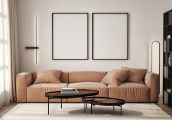 Mockup poster frame on the wall of living room. Luxurious apartment background with contemporary design. Modern interior design. 3D render, 3D illustration