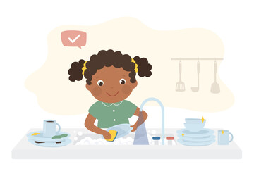 African american girl washes the dishes. Little child helps her mother clean the kitchen. Sink with dirty dishes. Kitchen interior.