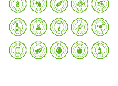 Organic cosmetic line icons set. Product free allergen labels. Natural products badges. GMO free emblems. Organic stickers. Healthy eating. Vegan, bio food. Vector illustration.