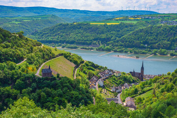 View from the Wisper Trail down into the valley of the Rhine and Lorchhausen/Germany
