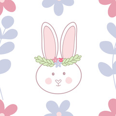 Seamless pattern. A hand-drawn rabbit face, a light purple twig, in the style of a doodle on a white background. Summer floral background. Scandinavian style for children.