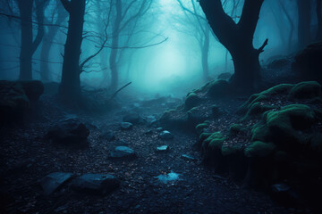 Ancient and forgotten path in a dark fantasy forest landscape in the mist, Generative AI