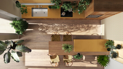 Urban jungle interior design, wooden kitchen in white and yellow tones with many houseplants. Island with chairs and appliances. Biophilic concept idea. Top view, plan, above